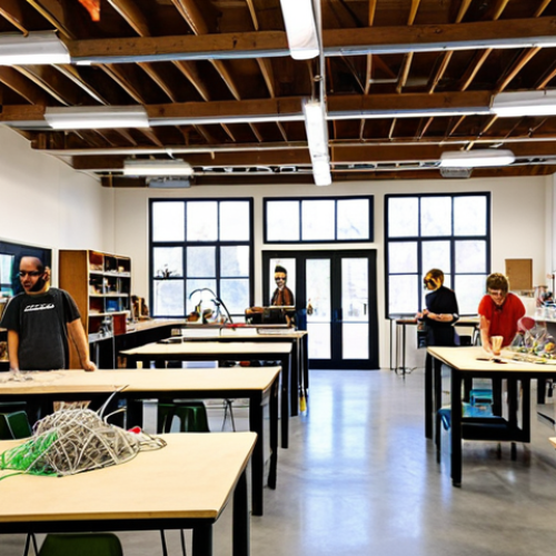 Home 11 **A brightly lit, collaborative makerspace filled with diverse individuals working on various sustainable design projects. Recycled plastic filaments are being used in 3D printers, and laser cutters are precisely shaping wood components. The atmosphere is buzzing with shared knowledge and creative energy, showcasing the power of open-source innovation and digital fabrication in building a community of eco-creators.**