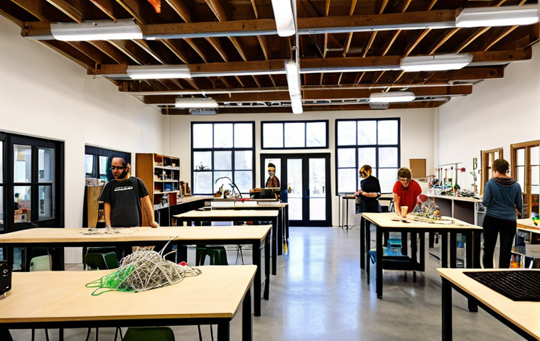 **A brightly lit, collaborative makerspace filled with diverse individuals working on various sustainable design projects. Recycled plastic filaments are being used in 3D printers, and laser cutters are precisely shaping wood components. The atmosphere is buzzing with shared knowledge and creative energy, showcasing the power of open-source innovation and digital fabrication in building a community of eco-creators.**