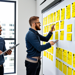 **A diverse group of people collaborating on a product design, using tablets and interactive displays in a bright, modern office space. Sticky notes cover a whiteboard filled with ideas. The atmosphere is energetic and collaborative, symbolizing customer co-creation.**
