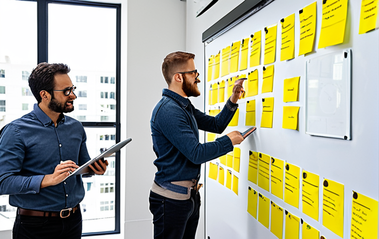 **A diverse group of people collaborating on a product design, using tablets and interactive displays in a bright, modern office space. Sticky notes cover a whiteboard filled with ideas. The atmosphere is energetic and collaborative, symbolizing customer co-creation.**