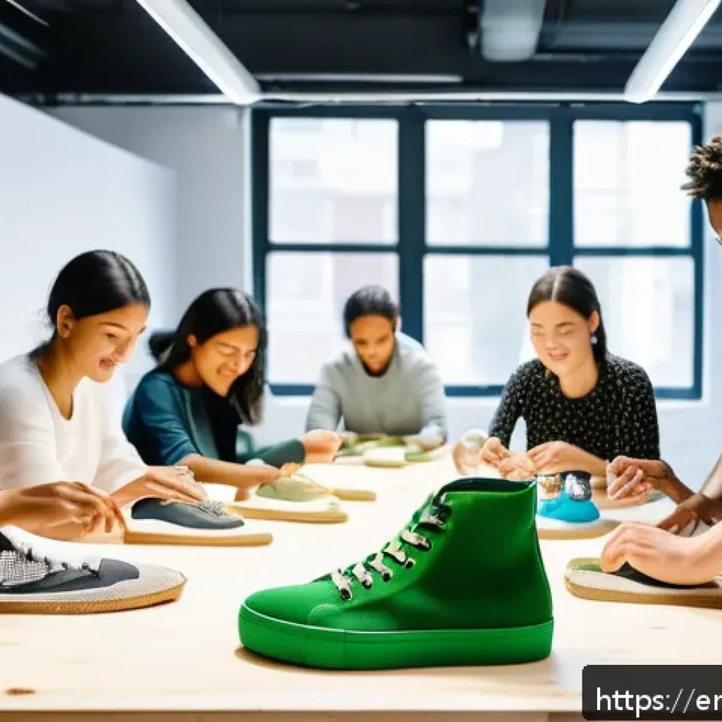 에코크리에이션을 통한 고객 참여 유도 방법 - A vibrant scene of a diverse group of people collaboratively designing eco-friendly sneakers in a mo...