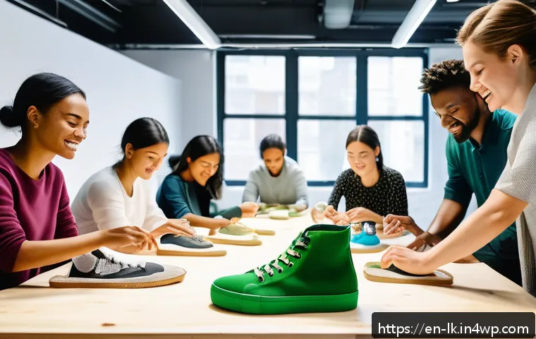 에코크리에이션을 통한 고객 참여 유도 방법 - A vibrant scene of a diverse group of people collaboratively designing eco-friendly sneakers in a mo...
