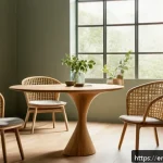 Home 20 에코크리에이션에 적합한 색상과 형태 - A serene, eco-friendly interior workspace bathed in natural light, featuring sage green walls and wa...