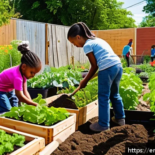 Home 31 에코크리에이션의 사례 연구 성공적인 프로젝트 - A vibrant community garden in an urban neighborhood, showing diverse groups of people of various age...