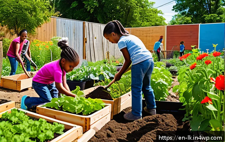 에코크리에이션의 사례 연구 성공적인 프로젝트 - A vibrant community garden in an urban neighborhood, showing diverse groups of people of various age...