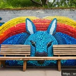 Home 18 에코크리에이션을 위한 공공 예술 프로젝트 - A vibrant urban mural on an abandoned city wall, created from thousands of colorful recycled bottle ...