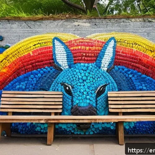 Home 30 에코크리에이션을 위한 공공 예술 프로젝트 - A vibrant urban mural on an abandoned city wall, created from thousands of colorful recycled bottle ...