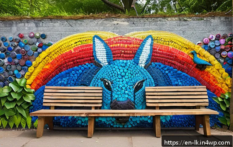 에코크리에이션을 위한 공공 예술 프로젝트 - A vibrant urban mural on an abandoned city wall, created from thousands of colorful recycled bottle ...