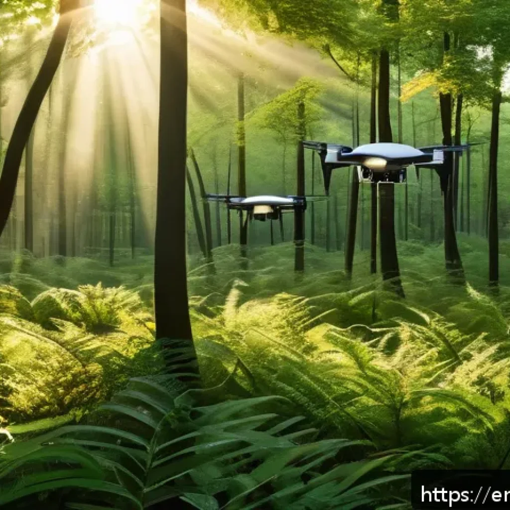 에코크리에이션의 생태계 보호 역할 - A futuristic wildlife monitoring scene in a lush forest at dawn, featuring sleek drones hovering sil...