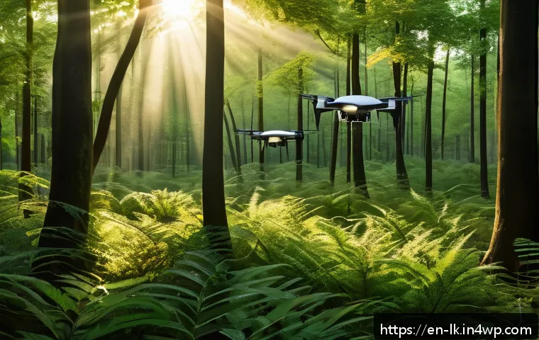에코크리에이션의 생태계 보호 역할 - A futuristic wildlife monitoring scene in a lush forest at dawn, featuring sleek drones hovering sil...