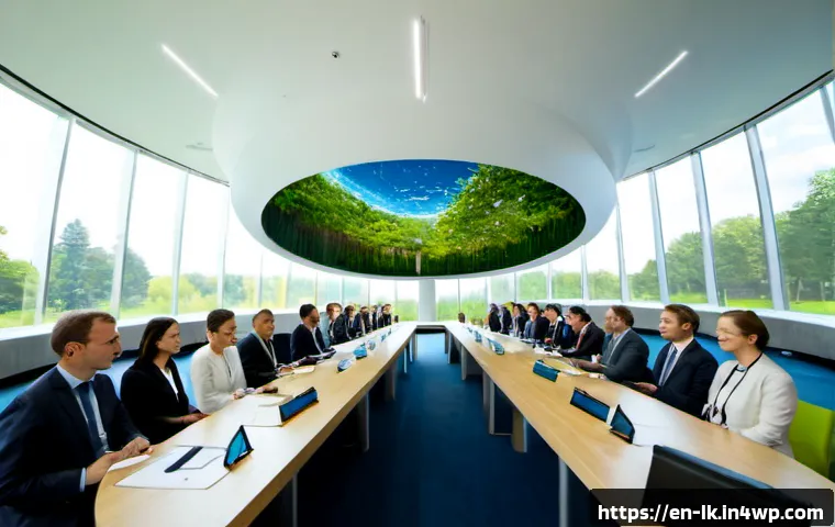 에코크리에이션과 관련한 국제 협약 - Photorealistic international environmental summit in a bright modern conference hall, diverse delega...